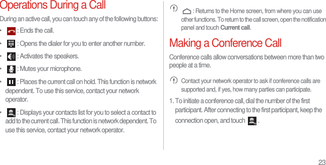 23Operations During a CallDuring an active call, you can touch any of the following buttons:•  : Ends the call.•  : Opens the dialer for you to enter another number.•  : Activates the speakers.•  : Mutes your microphone.•  : Places the current call on hold. This function is network dependent. To use this service, contact your network operator.•  : Displays your contacts list for you to select a contact to add to the current call. This function is network dependent. To use this service, contact your network operator. : Returns to the Home screen, from where you can use other functions. To return to the call screen, open the notification panel and touch Current call.Making a Conference CallConference calls allow conversations between more than two people at a time. Contact your network operator to ask if conference calls are supported and, if yes, how many parties can participate.1. To initiate a conference call, dial the number of the first participant. After connecting to the first participant, keep the connection open, and touch  .