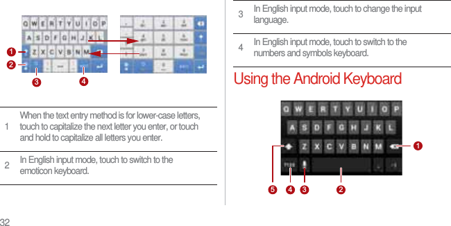 32Using the Android Keyboard1When the text entry method is for lower-case letters, touch to capitalize the next letter you enter, or touch and hold to capitalize all letters you enter.2In English input mode, touch to switch to the emoticon keyboard.12343In English input mode, touch to change the input language.4In English input mode, touch to switch to the numbers and symbols keyboard.12345