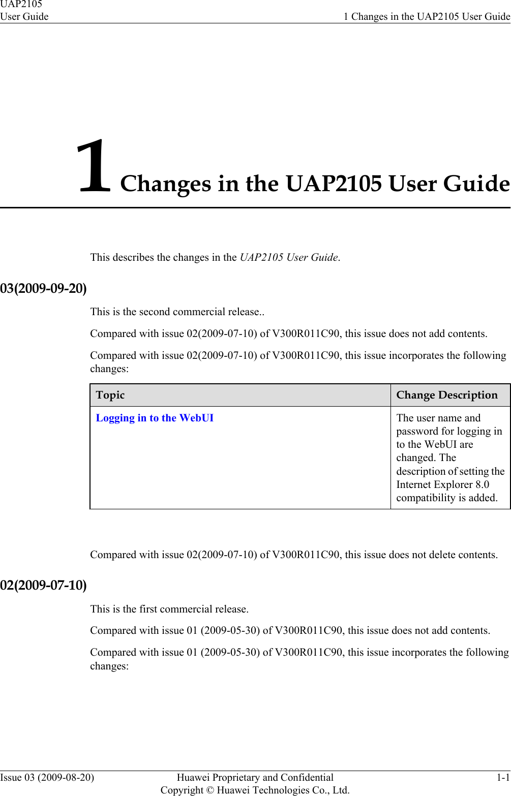 1 Changes in the UAP2105 User GuideThis describes the changes in the UAP2105 User Guide.03(2009-09-20)This is the second commercial release..Compared with issue 02(2009-07-10) of V300R011C90, this issue does not add contents.Compared with issue 02(2009-07-10) of V300R011C90, this issue incorporates the followingchanges:Topic Change DescriptionLogging in to the WebUI The user name andpassword for logging into the WebUI arechanged. Thedescription of setting theInternet Explorer 8.0compatibility is added. Compared with issue 02(2009-07-10) of V300R011C90, this issue does not delete contents.02(2009-07-10)This is the first commercial release.Compared with issue 01 (2009-05-30) of V300R011C90, this issue does not add contents.Compared with issue 01 (2009-05-30) of V300R011C90, this issue incorporates the followingchanges:UAP2105User Guide 1 Changes in the UAP2105 User GuideIssue 03 (2009-08-20) Huawei Proprietary and ConfidentialCopyright © Huawei Technologies Co., Ltd.1-1
