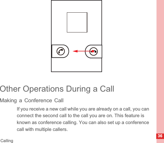 36CallingOther Operations During a CallMaking a Conference CallIf you receive a new call while you are already on a call, you can connect the second call to the call you are on. This feature is known as conference calling. You can also set up a conference call with multiple callers.
