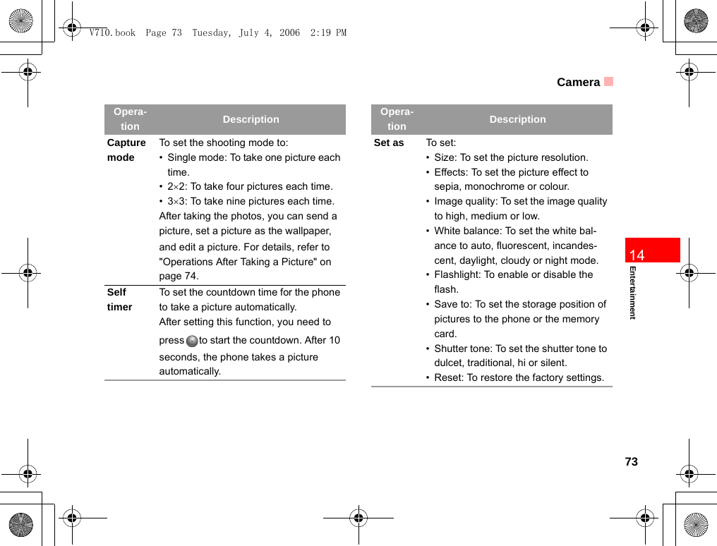 Camera73Entertainment14Capture modeTo set the shooting mode to:• Single mode: To take one picture each time.•2×2: To take four pictures each time.•3×3: To take nine pictures each time.After taking the photos, you can send a picture, set a picture as the wallpaper, and edit a picture. For details, refer to &quot;Operations After Taking a Picture&quot; on page 74.Self timerTo set the countdown time for the phone to take a picture automatically.After setting this function, you need to press to start the countdown. After 10 seconds, the phone takes a picture automatically.Opera-tion DescriptionSet as To set:• Size: To set the picture resolution.• Effects: To set the picture effect to sepia, monochrome or colour.• Image quality: To set the image quality to high, medium or low.• White balance: To set the white bal-ance to auto, fluorescent, incandes-cent, daylight, cloudy or night mode.• Flashlight: To enable or disable the flash.• Save to: To set the storage position of pictures to the phone or the memory card.• Shutter tone: To set the shutter tone to dulcet, traditional, hi or silent.• Reset: To restore the factory settings.Opera-tion DescriptionV710.book  Page 73  Tuesday, July 4, 2006  2:19 PM