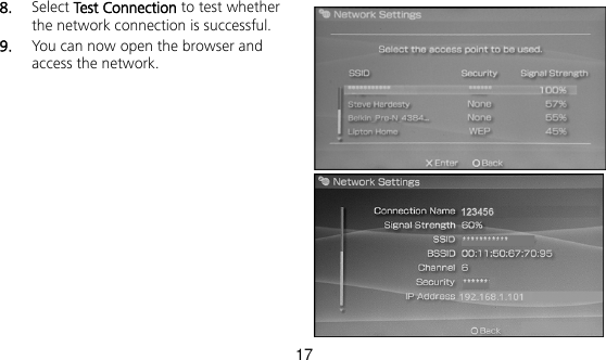 17 8.  Select Test Connection to test whether the network connection is successful. 9.  You can now open the browser and access the network.        