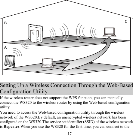 BAC  Setting Up a Wireless Connection Through the Web-Based Configuration Utility If the wireless router does not support the WPS function, you can manually connect the WS320 to the wireless router by using the Web-based configuration utility. You need to access the Web-based configuration utility through the wireless network of the WS320.By default, an unencrypted wireless network has been configured on the WS320.The service set identifier (SSID) of the wireless network is Repeater.When you use the WS320 for the first time, you can connect to the 17 