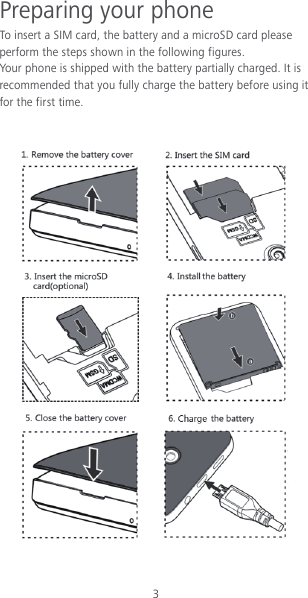 3 Preparing your phone To insert a SIM card, the battery and a microSD card please perform the steps shown in the following figures. Your phone is shipped with the battery partially charged. It is recommended that you fully charge the battery before using it for the first time.   