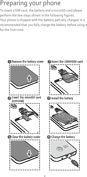 2 Preparing your phone To insert a SIM card, the battery and a microSD card please perform the few steps shown in the following figures. Your phone is shipped with the battery part ially charged. It is recommended that you fully charge the battery before using it for the first t ime.       