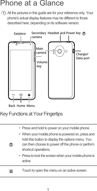 1Phone at a Glance All the pictures in this guide are for your reference only. Your phone&apos;s actual display features may be different to those described here, depending on its software version. Key Functions at Your Fingertips• Press and hold to power on your mobile phone. • When your mobile phone is powered on, press and hold this button to display the options menu. You can then choose to power off the phone or perform shortcut operations.• Press to lock the screen when your mobile phone is active.Touch to open the menu on an active screen.EarpieceVolumekeyHeadset jackCharger/Data portPower keyBack Home MenuSecondary cameraMain camera