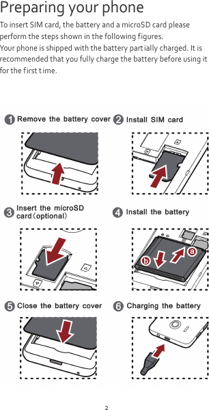2 Preparing your phone To insert SIM card, the battery and a microSD card please perform the steps shown in the following figures. Your phone is shipped with the battery part ially charged. It is recommended that you fully charge the battery before using it for the first time.    
