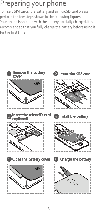 3 Preparing your phone To insert SIM cards, the battery and a microSD card please perform the few steps shown in the following figures. Your phone is shipped with the battery part ially charged. It is recommended that you fully charge the battery before using it for the first time.        