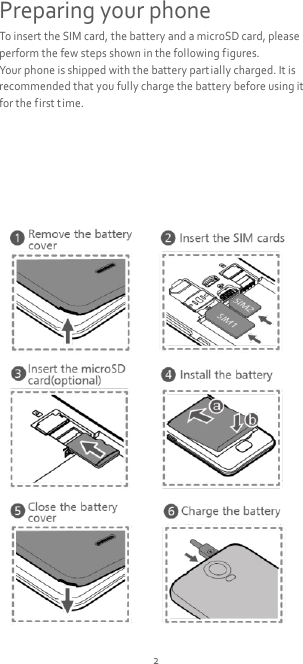 2 Preparing your phone To insert the SIM card, the battery and a microSD card, please perform the few steps shown in the following figures. Your phone is shipped with the battery partially charged. It is recommended that you fully charge the battery before using it for the first t ime.        