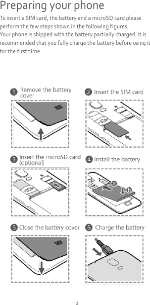 2 Preparing your phone To insert a SIM card, the battery and a microSD card please perform the few steps shown in the following figures. Your phone is shipped with the battery partially charged. It is recommended that you fully charge the battery before using it for the first t ime.     