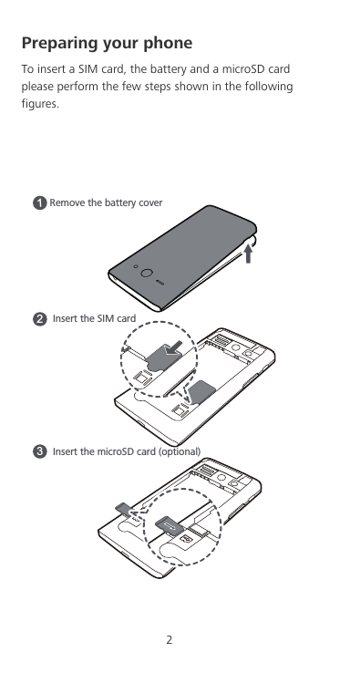 2Preparing your phoneTo insert a SIM card, the battery and a microSD card please perform the few steps shown in the following figures.Remove the battery coverInsert the microSD card (optional)13Insert the SIM card2