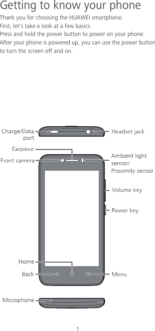 1 Getting to know your phone Thank you for choosing the HUAWEI smartphone. First, let&apos;s take a look at a few basics. Press and hold the power button to power on your phone. After your phone is powered up, you can use the power button to turn the screen off and on.         