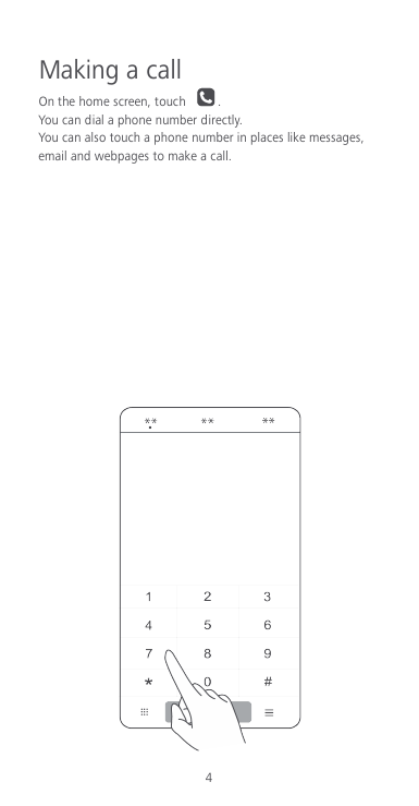4 Making a call On the home screen, touch  . You can dial a phone number directly. You can also touch a phone number in places like messages, email and webpages to make a call.             