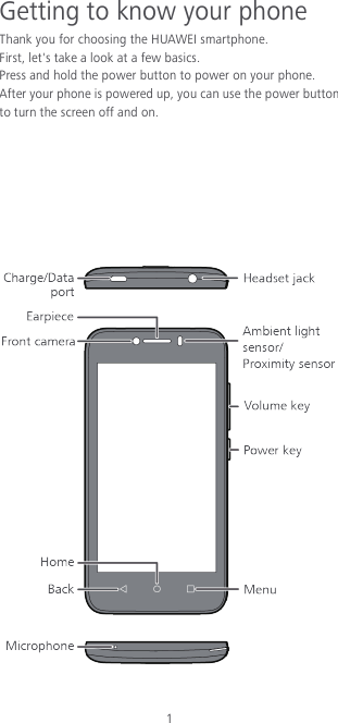 1 Getting to know your phone Thank you for choosing the HUAWEI smartphone. First, let&apos;s take a look at a few basics. Press and hold the power button to power on your phone. After your phone is powered up, you can use the power button to turn the screen off and on.        