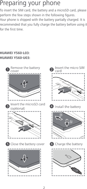 2 Preparing your phone To insert the SIM card, the battery and a microSD card, please perform the few steps shown in the following figures. Your phone is shipped with the battery partially charged. It is recommended that you fully charge the battery before using it for the first time.     HUAWEI Y560-L03: HUAWEI Y560-U03:  