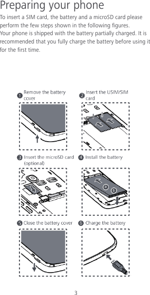 3 Preparing your phone To insert a SIM card, the battery and a microSD card please perform the few steps shown in the following figures. Your phone is shipped with the battery partially charged. It is recommended that you fully charge the battery before using it for the first time.     