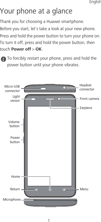1Your phone at a glanceThank you for choosing a Huawei smartphone. Before you start, let&apos;s take a look at your new phone. Press and hold the power button to turn your phone on. To turn it off, press and hold the power button, then touch Power off &gt; OK.  To forcibly restart your phone, press and hold the power button until your phone vibrates. Headset connectorPowerbuttonVolumebuttonFront cameraEarpieceReturnHomeMenu Light sensor Micro-USB   connectorMicrophoneEnglish