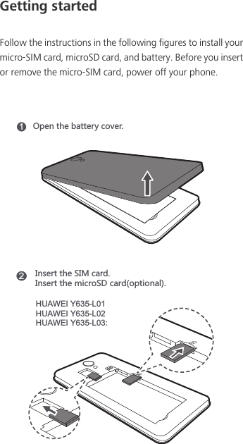 Getting startedFollow the instructions in the following figures to install your micro-SIM card, microSD card, and battery. Before you insert or remove the micro-SIM card, power off your phone.15VKTZNKHGZZKX_IU\KX2/TYKXZZNK9/3IGXJ/TYKXZZNKSOIXU9*IGXJUVZOUTGRHUAWEI Y635-L01HUAWEI Y635-L02HUAWEI Y635-L03: