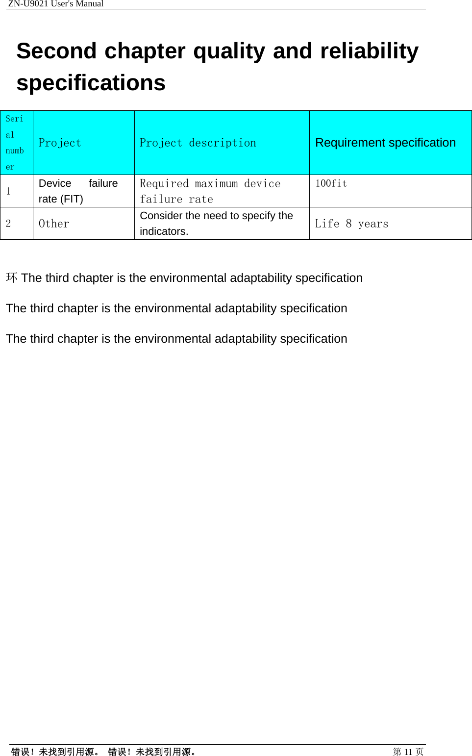 ZN-U9021 User&apos;s Manual                                        错误！未找到引用源。 错误！未找到引用源。 第11 页Second chapter quality and reliability specifications Serial number Project Project description Requirement specification 1  Device failure rate (FIT) Required maximum device failure rate 100fit 2  Other Consider the need to specify the indicators. Life 8 years  环The third chapter is the environmental adaptability specification The third chapter is the environmental adaptability specification The third chapter is the environmental adaptability specification 