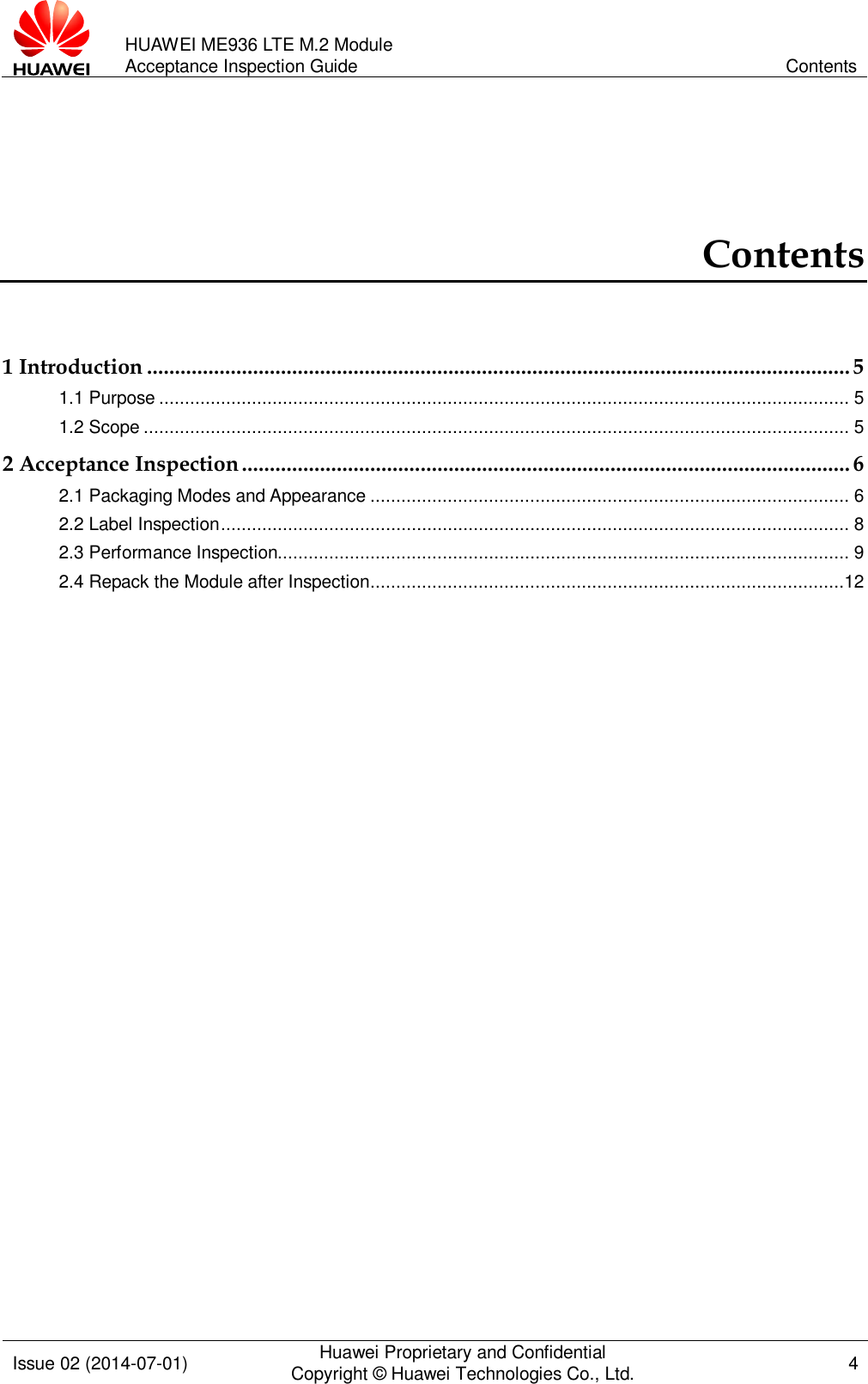 Page 4 of 12 - Huawei 目录 (Contents) ME936 LTE M.2 Module Acceptance Inspection Guide-(V100R001 02, English)