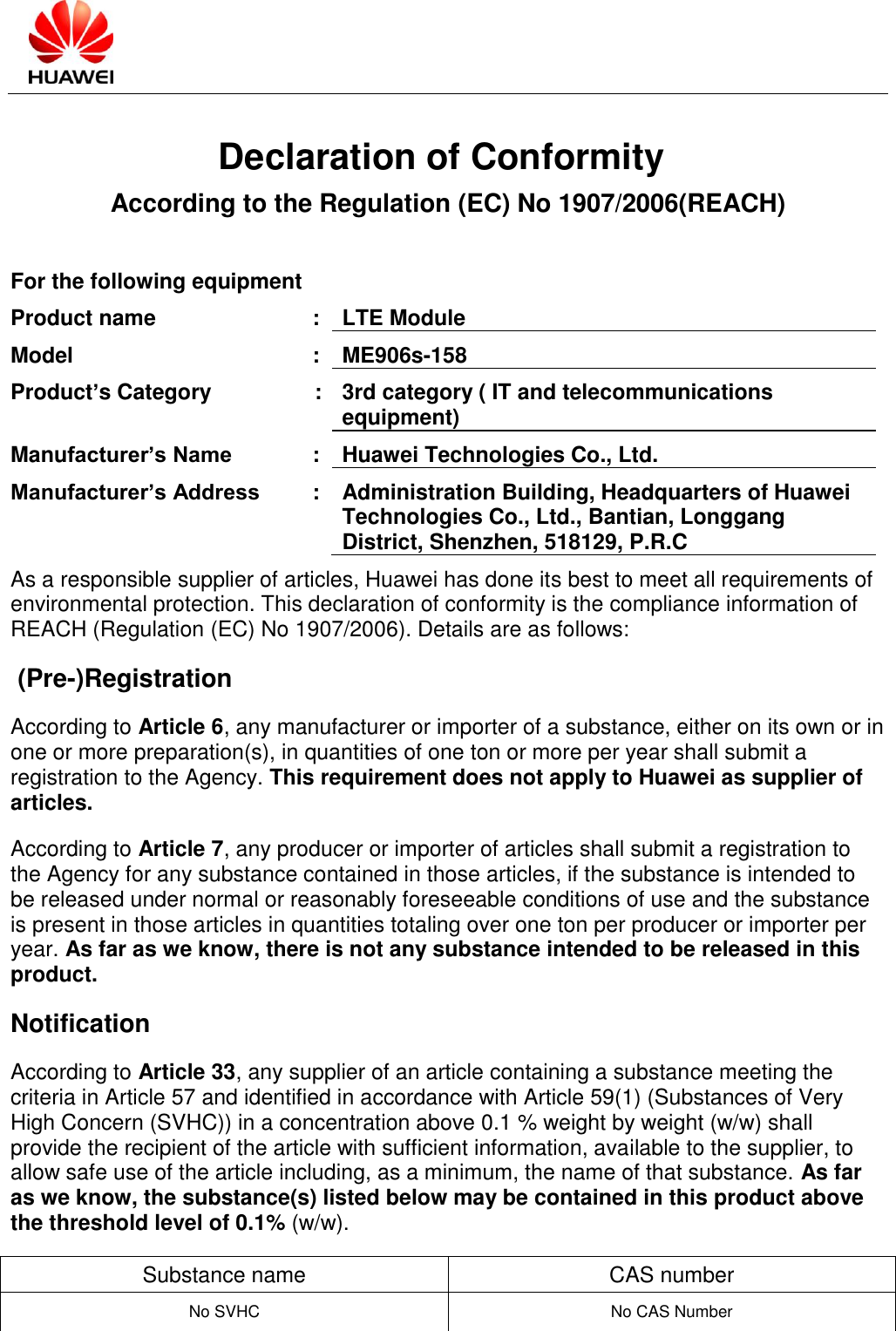 Huawei EU Declaration Of Conformity ME906s 158 European Community REACH ...