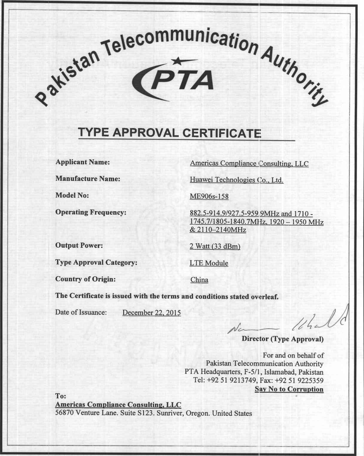 Page 1 of 2 - Huawei  ME906s-158 Pakistan PTA Certificate 221215