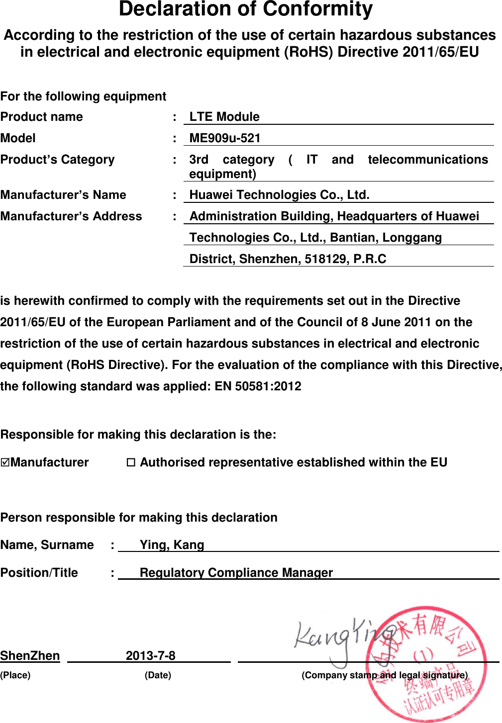 Page 1 of 1 - Huawei EU Declaration Of Conformity ME909u-521 European Community Ro HS DOC(2013-07-08)