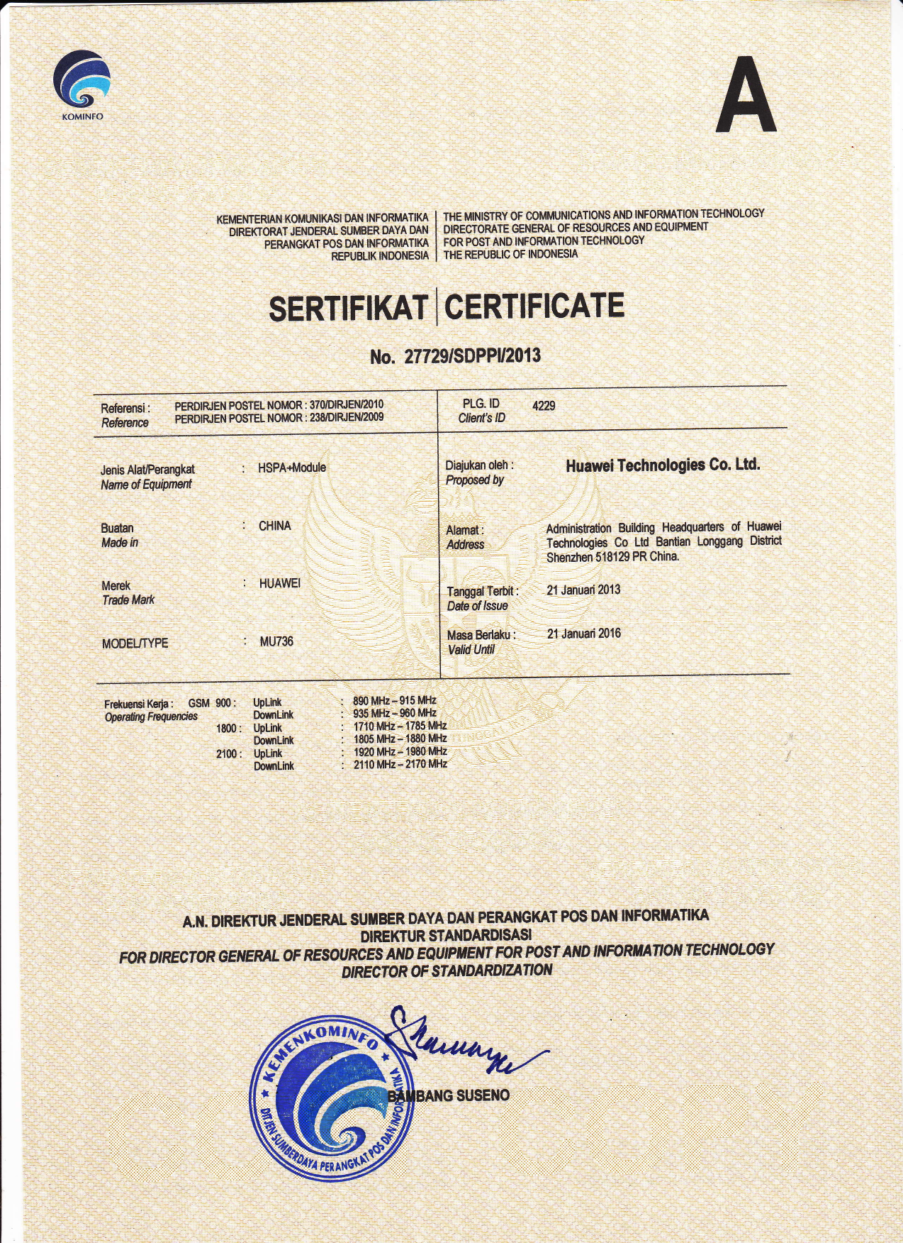 Page 1 of 1 - Huawei  MU736 Indonesia Sertifikat Certificate