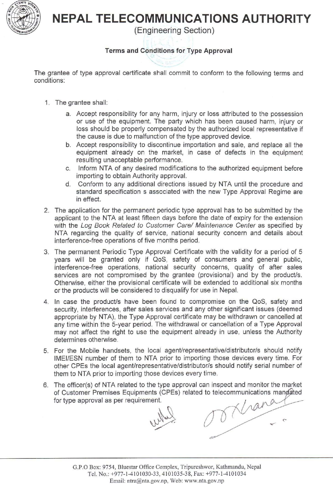 Huawei MU736 Nepal Type Approval Certificate