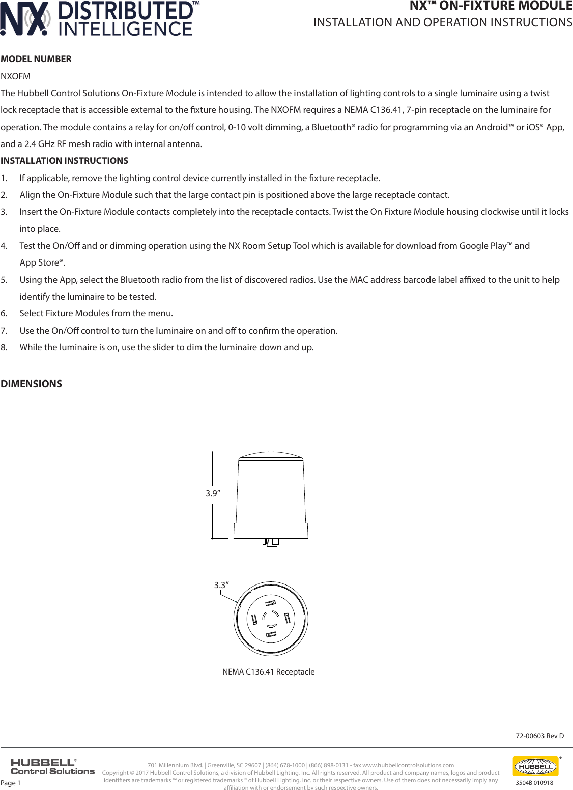 Page 1 of Hubbell Control Solutions NXOFM1R1DUNV Sensor Module User Manual 