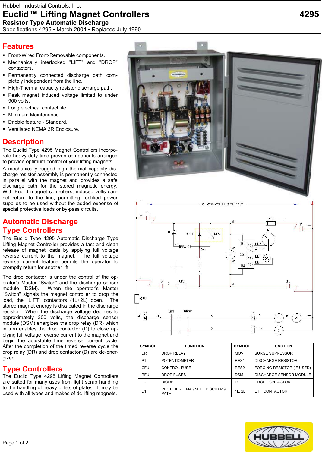 Page 1 of 2 - Hubbell Hubbell-Euclid-Lifting-Magnet-Controller-4295-Users-Manual- Euclid™ Lifting Magnet Controllers  Hubbell-euclid-lifting-magnet-controller-4295-users-manual