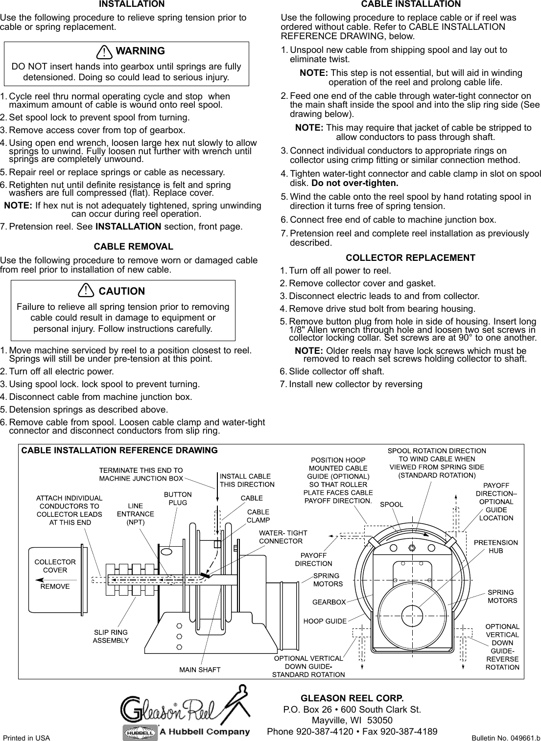 Hubbell Gear Drive Electric Cable Reels Sm21 Users Manual