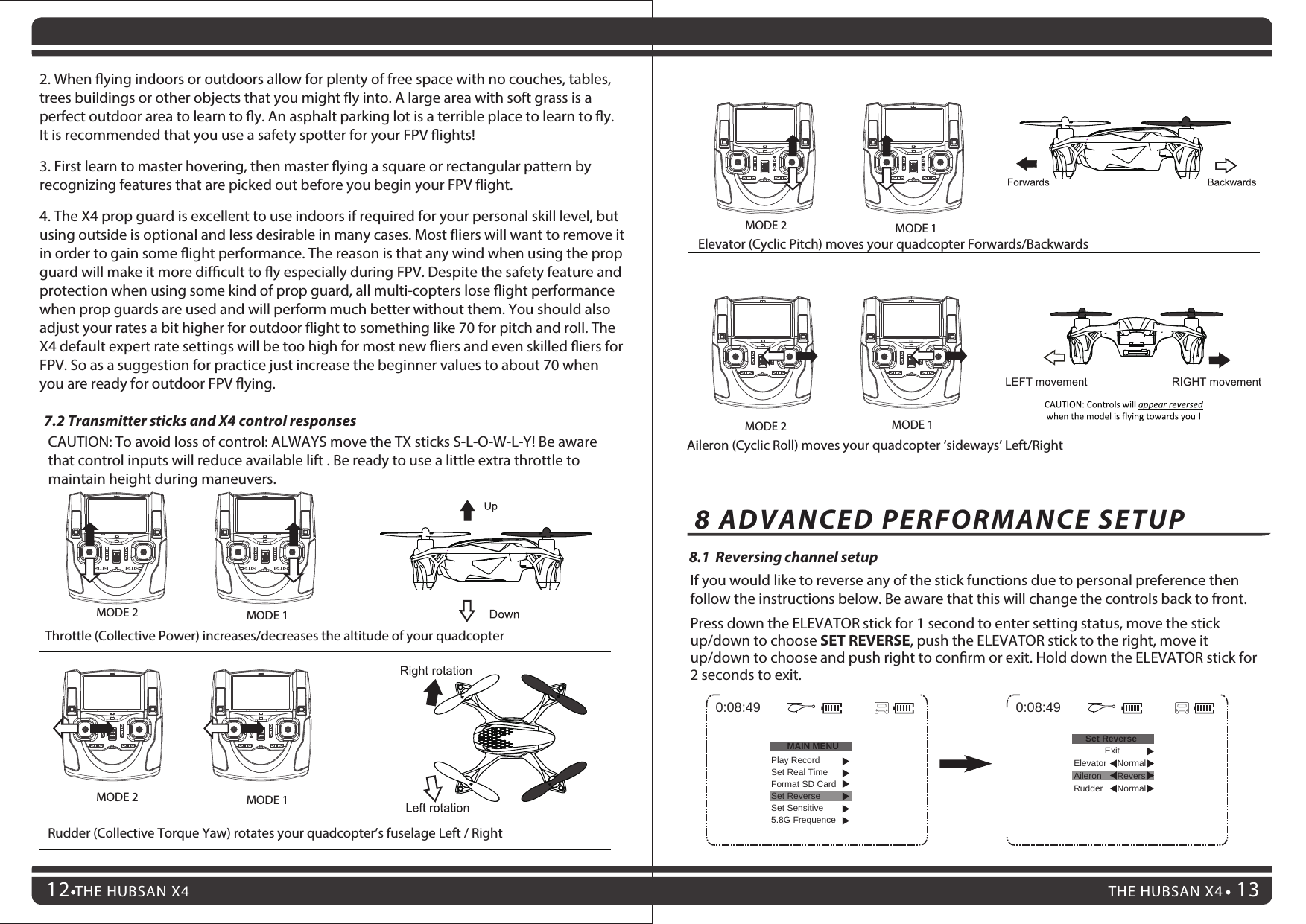 Aileron (Cyclic Roll) moves your quadcopter ‘sideways’ Left/Right7.2 Transmitter sticks and X4 control responsesCAUTION: To avoid loss of control: ALWAYS move the TX sticks S-L-O-W-L-Y! Be aware that control inputs will reduce available lift . Be ready to use a little extra throttle to maintain height during maneuvers.Throttle (Collective Power) increases/decreases the altitude of your quadcopter Rudder (Collective Torque Yaw) rotates your quadcopter’s fuselage Left / RightElevator (Cyclic Pitch) moves your quadcopter Forwards/BackwardsTHE HUBSAN X4 13THE HUBSAN X4128 ADVANCED PERFORMANCE SETUPMODE 2 MODE 1MODE 2 MODE 1MODE 2 MODE 1MODE 2 MODE 18.1  Reversing channel setup If you would like to reverse any of the stick functions due to personal preference then follow the instructions below. Be aware that this will change the controls back to front.Press down the ELEVATOR stick for 1 second to enter setting status, move the stick up/down to choose SET REVERSE, push the ELEVATOR stick to the right, move it up/down to choose and push right to conrm or exit. Hold down the ELEVATOR stick for 2 seconds to exit.0:08:49MAIN MENU0:08:49Set ReversePlay RecordSet Real TimeFormat SD CardSet ReverseSet Sensitive5.8G FrequenceNormalExitNormalElevatorRudder Aileron Revers2. When ying indoors or outdoors allow for plenty of free space with no couches, tables, trees buildings or other objects that you might y into. A large area with soft grass is a perfect outdoor area to learn to y. An asphalt parking lot is a terrible place to learn to y.  It is recommended that you use a safety spotter for your FPV ights!3. First learn to master hovering, then master ying a square or rectangular pattern by recognizing features that are picked out before you begin your FPV ight.4. The X4 prop guard is excellent to use indoors if required for your personal skill level, but using outside is optional and less desirable in many cases. Most iers will want to remove it in order to gain some ight performance. The reason is that any wind when using the prop guard will make it more dicult to y especially during FPV. Despite the safety feature and protection when using some kind of prop guard, all multi-copters lose ight performance when prop guards are used and will perform much better without them. You should also adjust your rates a bit higher for outdoor ight to something like 70 for pitch and roll. The X4 default expert rate settings will be too high for most new iers and even skilled iers for FPV. So as a suggestion for practice just increase the beginner values to about 70 when you are ready for outdoor FPV ying.