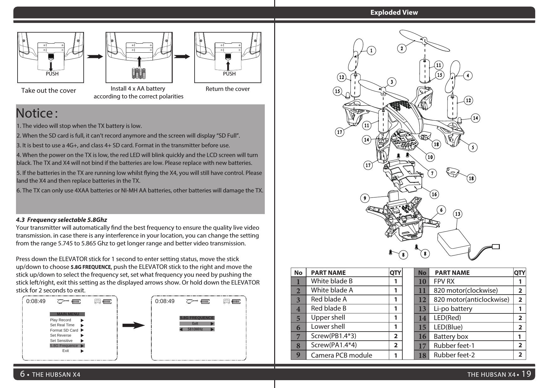 11Return the coverTake out the cover Install 4 x AA battery according to the correct polaritiesTHE HUBSAN X4 19THE HUBSAN X46Exploded View1White blade B9Camera PCB module10820 motor(clockwise)11820 motor(anticlockwise)12Li-po battery13LED(Red)14LED(Blue)1517 Rubber feet-12White blade A3Red blade A4Red blade B5Upper shell 6Lower shell7Screw(PB1.4*3)8Screw(PA1.4*4)No PART NAME QTY QTYNo PART NAME111111221FPV RX 122122218 Rubber feet-2 216 Battery box 1PUSH PUSH 10  13  5  7  8   8  11  12  1   2  12   3  11  4  14  15  14  15  9   16  18  18  17  17  6 4.3  Frequency selectable 5.8Ghz Your transmitter will automatically nd the best frequency to ensure the quality live video transmission. in case there is any interference in your location, you can change the setting from the range 5.745 to 5.865 Ghz to get longer range and better video transmission.Press down the ELEVATOR stick for 1 second to enter setting status, move the stick up/down to choose 5.8G FREQUENCE, push the ELEVATOR stick to the right and move the stick up/down to select the frequency set, set what frequency you need by pushing the stick left/right, exit this setting as the displayed arrows show. Or hold down the ELEVATOR stick for 2 seconds to exit.0:08:49MAIN MENU 5.8G FREQUENCEPlay RecordSet Real TimeFormat SD CardSet ReverseSet Sensitive5.8G FrequenceExit0:08:49Exit5810MHz1. The video will stop when the TX battery is low. 2. When the SD card is full, it can’t record anymore and the screen will display “SD Full”. 3. It is best to use a 4G+, and class 4+ SD card. Format in the transmitter before use.4. When the power on the TX is low, the red LED will blink quickly and the LCD screen will turn black. The TX and X4 will not bind if the batteries are low. Please replace with new batteries. 5. If the batteries in the TX are running low whilst ying the X4, you will still have control. Please land the X4 and then replace batteries in the TX. 6. The TX can only use 4XAA batteries or NI-MH AA batteries, other batteries will damage the TX. Notice：