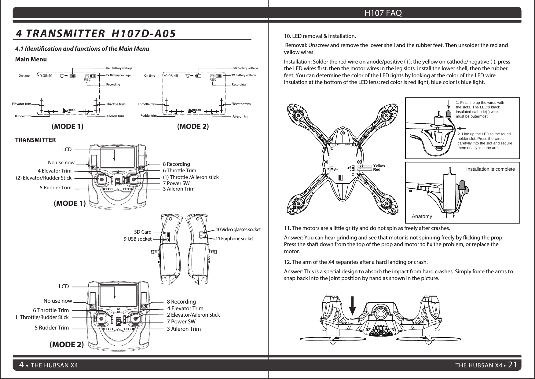4.1 Identication and functions of the Main MenuTRANSMITTERMain Menu(MODE 1) (MODE 2)4 TRANSMITTER  H107D-A05 THE HUBSAN X4 21THE HUBSAN X4411. The motors are a little gritty and do not spin as freely after crashes.Answer: You can hear grinding and see that motor is not spinning freely by icking the prop. Press the shaft down from the top of the prop and motor to x the problem, or replace the motor.12. The arm of the X4 separates after a hard landing or crash.Answer: This is a special design to absorb the impact from hard crashes. Simply force the arms to snap back into the joint position by hand as shown in the picture.10. LED removal &amp; installation. Removal: Unscrew and remove the lower shell and the rubber feet. Then unsolder the red and yellow wires.Installation: Solder the red wire on anode/positive (+), the yellow on cathode/negative (-), press the LED wires rst, then the motor wires in the leg slots. Install the lower shell, then the rubber feet. You can determine the color of the LED lights by looking at the color of the LED wire insulation at the bottom of the LED lens: red color is red light, blue color is blue light.H107 FAQLEDLEDLEDLED YellowRed1. First line up the wires withthe slots. The LED&apos;s blackinsulated cathode(-) wiremust be outermost.2. Line up the LED to the roundholder slot. Press the wirescarefylly into the slot and securethem neatly into the arm.Installation is completeAnatomy(MODE 1)(MODE 2)0:08:49 TX Battery voltageHeli Battery voltageRudder trimElevator trimThrottle trimAileron trimRECRecordingOn time0:08:49 TX Battery voltageHeli Battery voltageRudder trimElevator trim Throttle trimAileron trimRECRecordingOn time8 Recording4 Elevator Trim2 Elevator/Aileron Stick 5 Rudder TrimLCD6 Throttle Trim1  Throttle/Rudder Stick 7 Power SW3 Aileron TrimNo use now4 Elevator Trim(2) Elevator/Rudder Stick5 Rudder TrimLCD6 Throttle Trim8 Recording(1) Throttle /Aileron stick7 Power SW3 Aileron TrimNo use nowSD Card9 USB socket10 Video glasses socket11 Earphone socket