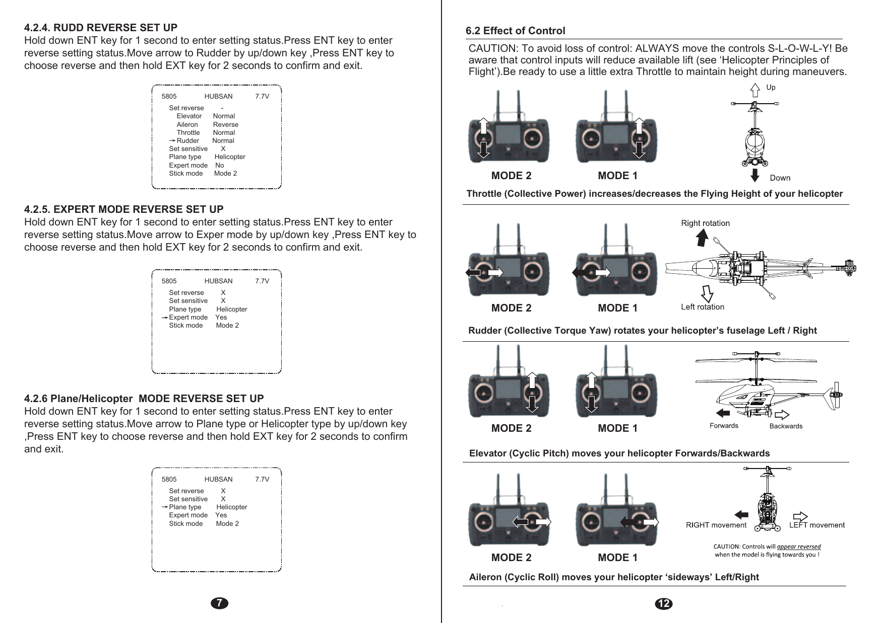 74.2.4. RUDD REVERSE SET UPHold down ENT key for 1 second to enter setting status.Press ENT key to enter reverse setting status.Move arrow to Rudder by up/down key ,Press ENT key to choose reverse and then hold EXT key for 2 seconds to confirm and exit.4.2.5. EXPERT MODE REVERSE SET UPHold down ENT key for 1 second to enter setting status.Press ENT key to enter reverse setting status.Move arrow to Exper mode by up/down key ,Press ENT key to choose reverse and then hold EXT key for 2 seconds to confirm and exit.4.2.6 Plane/Helicopter  MODE REVERSE SET UPHold down ENT key for 1 second to enter setting status.Press ENT key to enter reverse setting status.Move arrow to Plane type or Helicopter type by up/down key ,Press ENT key to choose reverse and then hold EXT key for 2 seconds to confirm and exit.126.2 Effect of ControlCAUTION: To avoid loss of control: ALWAYS move the controls S-L-O-W-L-Y! Be aware that control inputs will reduce available lift (see ‘Helicopter Principles of Flight’).Be ready to use a little extra Throttle to maintain height during maneuvers.Throttle (Collective Power) increases/decreases the Flying Height of your helicopterRudder (Collective Torque Yaw) rotates your helicopter’s fuselage Left / RightElevator (Cyclic Pitch) moves your helicopter Forwards/BackwardsAileron (Cyclic Roll) moves your helicopter ‘sideways’ Left/RightMODE 2MODE 2MODE 2MODE 2MODE 1MODE 1MODE 1MODE 15805 HUBSAN 7.7VSet reverse         XSet sensitive       XPlane type        HelicopterExpert mode    YesStick mode       Mode 25805 HUBSAN 7.7VSet reverse         XSet sensitive       XPlane type        HelicopterExpert mode    YesStick mode       Mode 25805 HUBSAN 7.7VSet reverse         -    Elevator      Normal    Aileron        Reverse    Throttle       Normal    Rudder       NormalSet sensitive       XPlane type       HelicopterExpert mode    NoStick mode      Mode 2