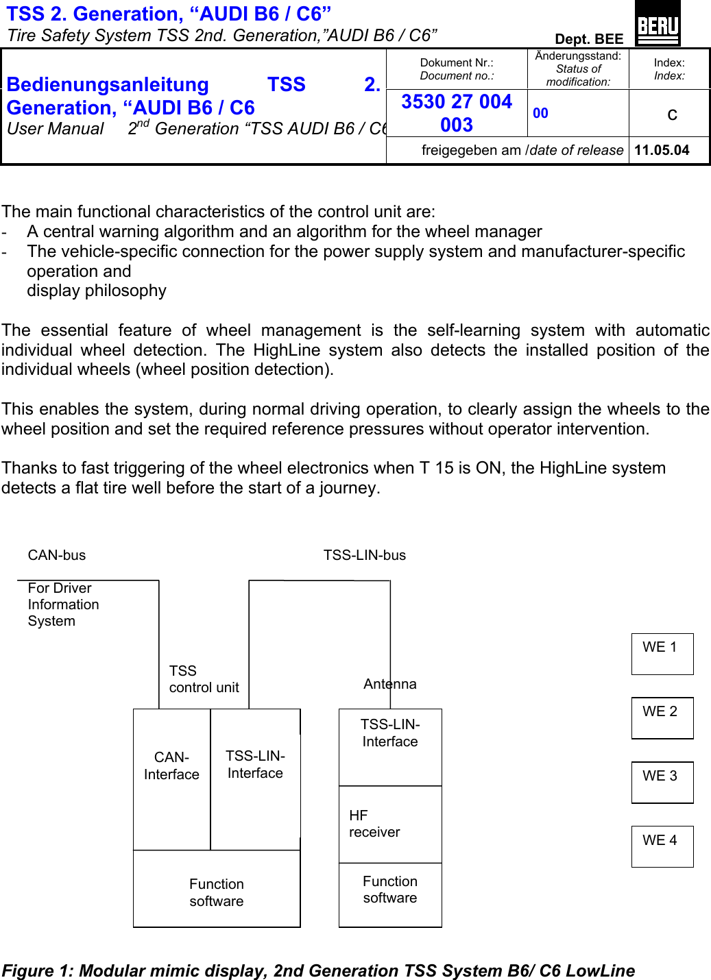 TSS 2. Generation, “AUDI B6 / C6”   Tire Safety System TSS 2nd. Generation,”AUDI B6 / C6”  Dept. BEE  Dokument Nr.: Document no.: Änderungsstand: Status of modification: Index: Index: 3530 27 004 003 00   c  Bedienungsanleitung TSS 2. Generation, “AUDI B6 / C6 User Manual   2nd Generation “TSS AUDI B6 / C6freigegeben am /date of release 11.05.04   The main functional characteristics of the control unit are: -  A central warning algorithm and an algorithm for the wheel manager -  The vehicle-specific connection for the power supply system and manufacturer-specific operation and display philosophy  The essential feature of wheel management is the self-learning system with automatic individual wheel detection. The HighLine system also detects the installed position of the individual wheels (wheel position detection).   This enables the system, during normal driving operation, to clearly assign the wheels to the wheel position and set the required reference pressures without operator intervention.  Thanks to fast triggering of the wheel electronics when T 15 is ON, the HighLine system detects a flat tire well before the start of a journey.     Figure 1: Modular mimic display, 2nd Generation TSS System B6/ C6 LowLine  CAN-bus  For Driver Information System CAN- Interface TSS-LIN-InterfaceFunction software TSS-LIN-Interface Function software HF receiver TSS  control unit TSS-LIN-bus Antenna WE 1WE 2WE 3WE 4