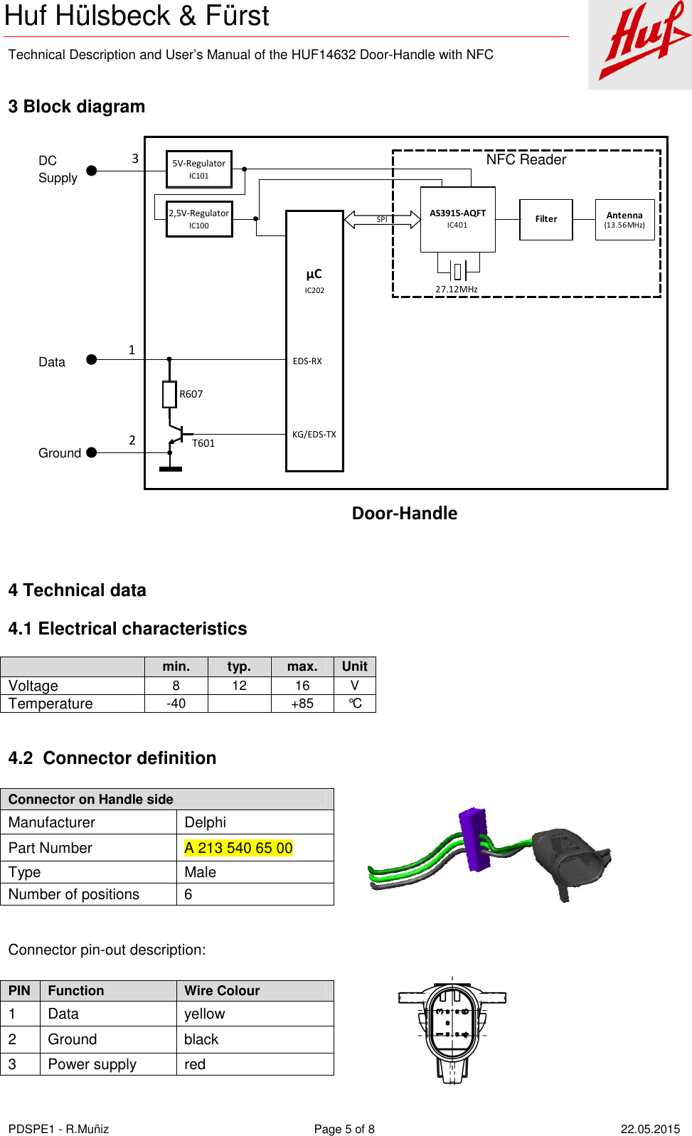    Technical Description and User’s Manual of the HUF14632 Door-Handle with NFC   PDSPE1 - R.Muñiz  Page 5 of 8  22.05.2015 Huf Hülsbeck &amp; Fürst  3 Block diagram 2,5V-RegulatorIC100T601KG/EDS-TXDoor-Handle123EDS-RXµC5V-RegulatorIC101IC202R607NFC ReaderDC SupplyDataGroundAS3915-AQFTIC401SPIFilter Antenna(13.56MHz)27.12MHz  4 Technical data 4.1 Electrical characteristics   min.  typ.  max.  Unit Voltage 8  12  16  V Temperature -40    +85  °C   4.2  Connector definition    Connector pin-out description:    Connector on Handle side Manufacturer  Delphi Part Number  A 213 540 65 00 Type  Male Number of positions  6 PIN  Function  Wire Colour 1  Data  yellow 2  Ground  black 3  Power supply  red 