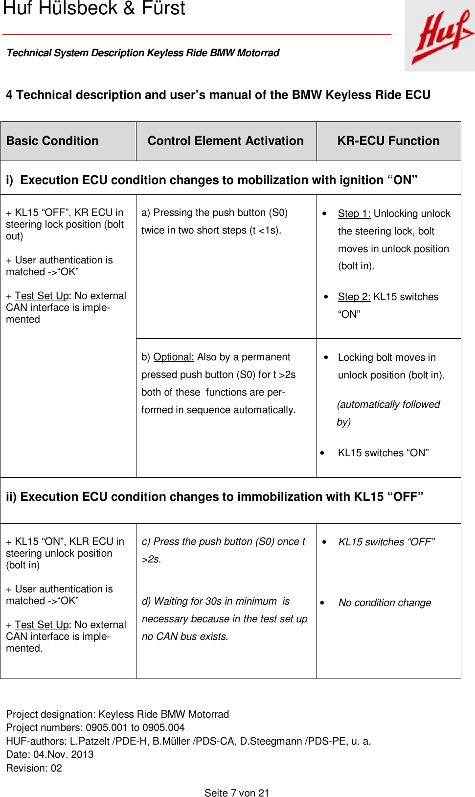    Technical System Description Keyless Ride BMW Motorrad   Project designation: Keyless Ride BMW Motorrad  Project numbers: 0905.001 to 0905.004 HUF-authors: L.Patzelt /PDE-H, B.Müller /PDS-CA, D.Steegmann /PDS-PE, u. a. Date: 04.Nov. 2013 Revision: 02   Seite 7 von 21   Huf Hülsbeck &amp; Fürst 4 Technical description and user’s manual of the BMW Keyless Ride ECU  Basic Condition  Control Element Activation  KR-ECU Function i) Execution ECU condition changes to mobilization with ignition “ON”  + KL15 “OFF”, KR ECU in steering lock position (bolt out) + User authentication is matched -&gt;“OK” + Test Set Up: No external CAN interface is imple-mented  a) Pressing the push button (S0) twice in two short steps (t &lt;1s). • Step 1: Unlocking unlock the steering lock, bolt moves in unlock position (bolt in). • Step 2: KL15 switches “ON” b) Optional: Also by a permanent pressed push button (S0) for t &gt;2s both of these  functions are per-formed in sequence automatically.  • Locking bolt moves in unlock position (bolt in). (automatically followed by) • KL15 switches “ON” ii) Execution ECU condition changes to immobilization with KL15 “OFF” + KL15 “ON”, KLR ECU in steering unlock position (bolt in) + User authentication is matched -&gt;“OK” + Test Set Up: No external CAN interface is imple-mented. c) Press the push button (S0) once t &gt;2s. d) Waiting for 30s in minimum  is necessary because in the test set up no CAN bus exists.  • KL15 switches “OFF”  • No condition change    