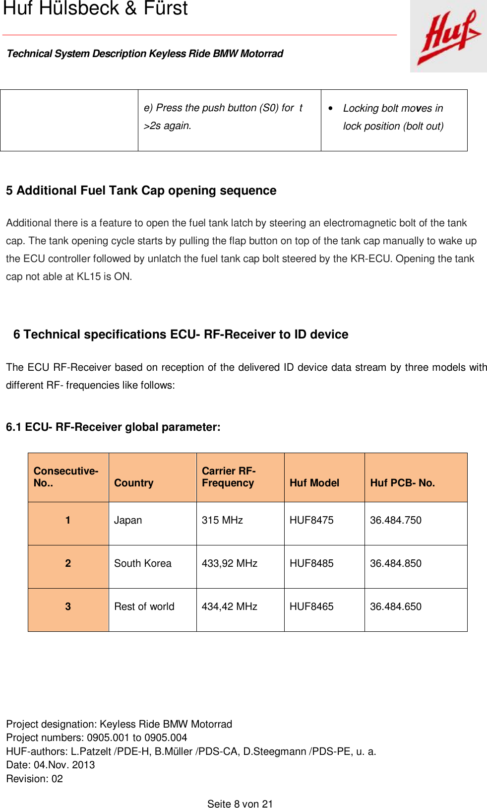    Technical System Description Keyless Ride BMW Motorrad   Project designation: Keyless Ride BMW Motorrad  Project numbers: 0905.001 to 0905.004 HUF-authors: L.Patzelt /PDE-H, B.Müller /PDS-CA, D.Steegmann /PDS-PE, u. a. Date: 04.Nov. 2013 Revision: 02   Seite 8 von 21   Huf Hülsbeck &amp; Fürst e) Press the push button (S0) for  t &gt;2s again. • Locking bolt moves in lock position (bolt out)  5 Additional Fuel Tank Cap opening sequence Additional there is a feature to open the fuel tank latch by steering an electromagnetic bolt of the tank cap. The tank opening cycle starts by pulling the flap button on top of the tank cap manually to wake up the ECU controller followed by unlatch the fuel tank cap bolt steered by the KR-ECU. Opening the tank cap not able at KL15 is ON.  6 Technical specifications ECU- RF-Receiver to ID device The ECU RF-Receiver based on reception of the delivered ID device data stream by three models with different RF- frequencies like follows:  6.1 ECU- RF-Receiver global parameter:   Consecutive-No..  Country  Carrier RF- Frequency  Huf Model  Huf PCB- No. 1  Japan 315 MHz       HUF8475 36.484.750 2  South Korea 433,92 MHz HUF8485 36.484.850 3  Rest of world 434,42 MHz HUF8465 36.484.650    