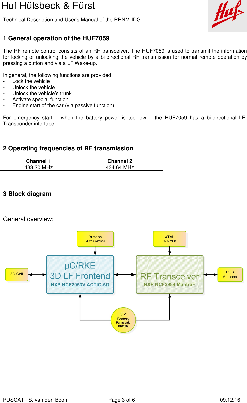    Technical Description and User’s Manual of the RRNM-IDG   PDSCA1 - S. van den Boom  Page 3 of 6  09.12.16  Huf Hülsbeck &amp; Fürst 1 General operation of the HUF7059  The RF remote control consists of an RF transceiver. The HUF7059 is used to transmit the information for locking or unlocking the vehicle by a bi-directional RF transmission for normal remote operation by pressing a button and via a LF Wake-up.  In general, the following functions are provided: -  Lock the vehicle -  Unlock the vehicle -  Unlock the vehicle’s trunk -  Activate special function -  Engine start of the car (via passive function)  For  emergency  start  –  when  the  battery  power  is  too  low  –  the  HUF7059  has  a  bi-directional  LF-Transponder interface.    2 Operating frequencies of RF transmission  Channel 1 Channel 2 433.20 MHz  434.64 MHz    3 Block diagram    General overview:       