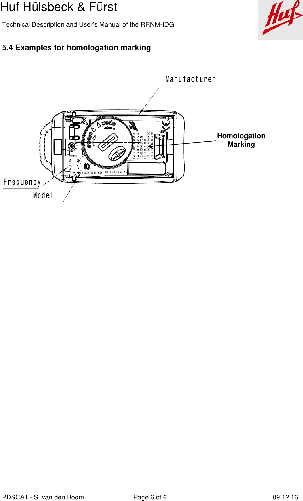    Technical Description and User’s Manual of the RRNM-IDG   PDSCA1 - S. van den Boom  Page 6 of 6  09.12.16  Huf Hülsbeck &amp; Fürst 5.4 Examples for homologation marking      Homologation Marking  