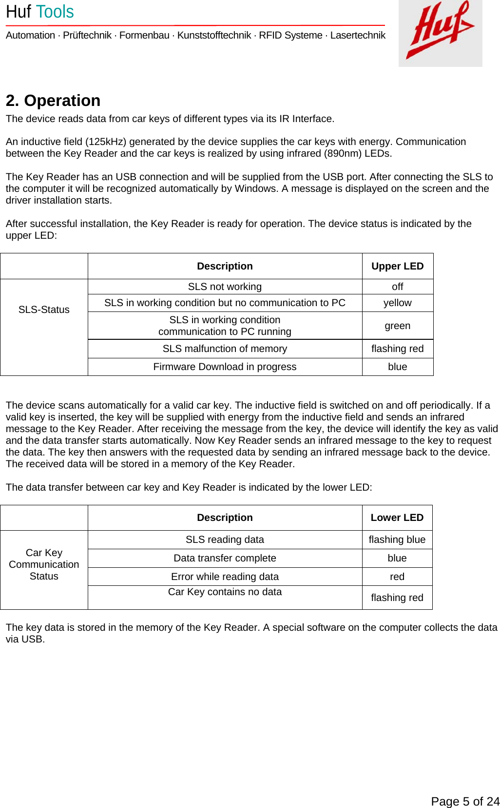    Huf Tools   Automation · Prüftechnik · Formenbau · Kunststofftechnik · RFID Systeme · Lasertechnik    Page 5 of 24  2. Operation The device reads data from car keys of different types via its IR Interface.  An inductive field (125kHz) generated by the device supplies the car keys with energy. Communication between the Key Reader and the car keys is realized by using infrared (890nm) LEDs.  The Key Reader has an USB connection and will be supplied from the USB port. After connecting the SLS to the computer it will be recognized automatically by Windows. A message is displayed on the screen and the driver installation starts.  After successful installation, the Key Reader is ready for operation. The device status is indicated by the upper LED:   Description Upper LED SLS-Status    SLS not working  off SLS in working condition but no communication to PC  yellow SLS in working condition  communication to PC running  green SLS malfunction of memory  flashing red Firmware Download in progress  blue   The device scans automatically for a valid car key. The inductive field is switched on and off periodically. If a valid key is inserted, the key will be supplied with energy from the inductive field and sends an infrared message to the Key Reader. After receiving the message from the key, the device will identify the key as valid and the data transfer starts automatically. Now Key Reader sends an infrared message to the key to request the data. The key then answers with the requested data by sending an infrared message back to the device. The received data will be stored in a memory of the Key Reader.   The data transfer between car key and Key Reader is indicated by the lower LED:   Description Lower LED Car Key Communication Status  SLS reading data  flashing blue Data transfer complete  blue  Error while reading data  red Car Key contains no data   flashing red  The key data is stored in the memory of the Key Reader. A special software on the computer collects the data via USB. 
