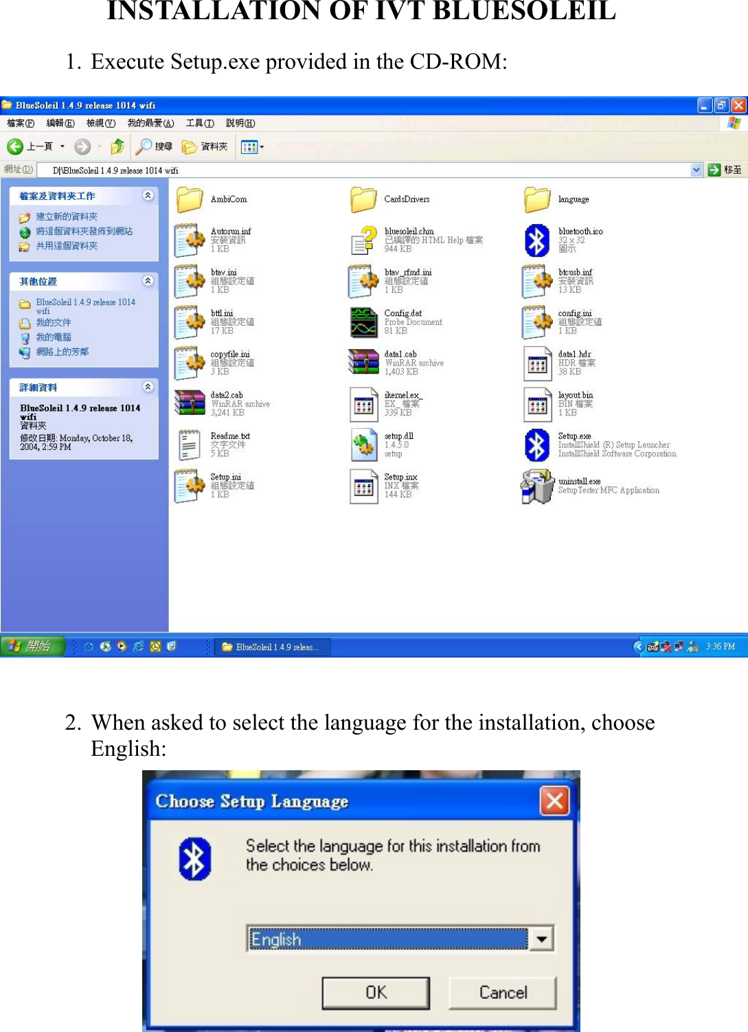 INSTALLATION OF IVT BLUESOLEIL 1. Execute Setup.exe provided in the CD-ROM:  2. When asked to select the language for the installation, choose English:     