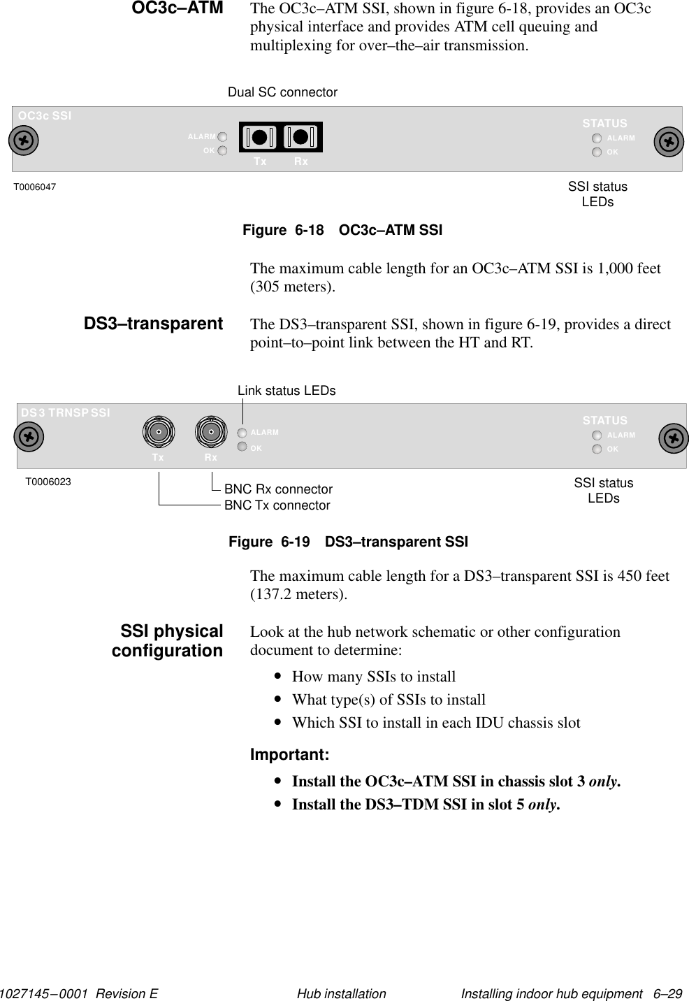 1027145–0001  Revision E Installing indoor hub equipment   6–29Hub installationThe OC3c–ATM SSI, shown in figure 6-18, provides an OC3cphysical interface and provides ATM cell queuing andmultiplexing for over–the–air transmission.Figure  6-18 OC3c–ATM SSIT0006047SSI statusLEDsDual SC connectorOC3c SSIOKSTATUSALARMOKALARMTx RxThe maximum cable length for an OC3c–ATM SSI is 1,000 feet(305 meters).The DS3–transparent SSI, shown in figure 6-19, provides a directpoint–to–point link between the HT and RT.Figure  6-19 DS3–transparent SSITxALARMOKRxTRNSPSSI3DSOKSTATUSALARMT0006023BNC Rx connectorBNC Tx connectorLink status LEDsSSI statusLEDsThe maximum cable length for a DS3–transparent SSI is 450 feet(137.2 meters).Look at the hub network schematic or other configurationdocument to determine:•How many SSIs to install•What type(s) of SSIs to install•Which SSI to install in each IDU chassis slotImportant:•Install the OC3c–ATM SSI in chassis slot 3 only.•Install the DS3–TDM SSI in slot 5 only.OC3c–ATMDS3–transparentSSI physicalconfiguration