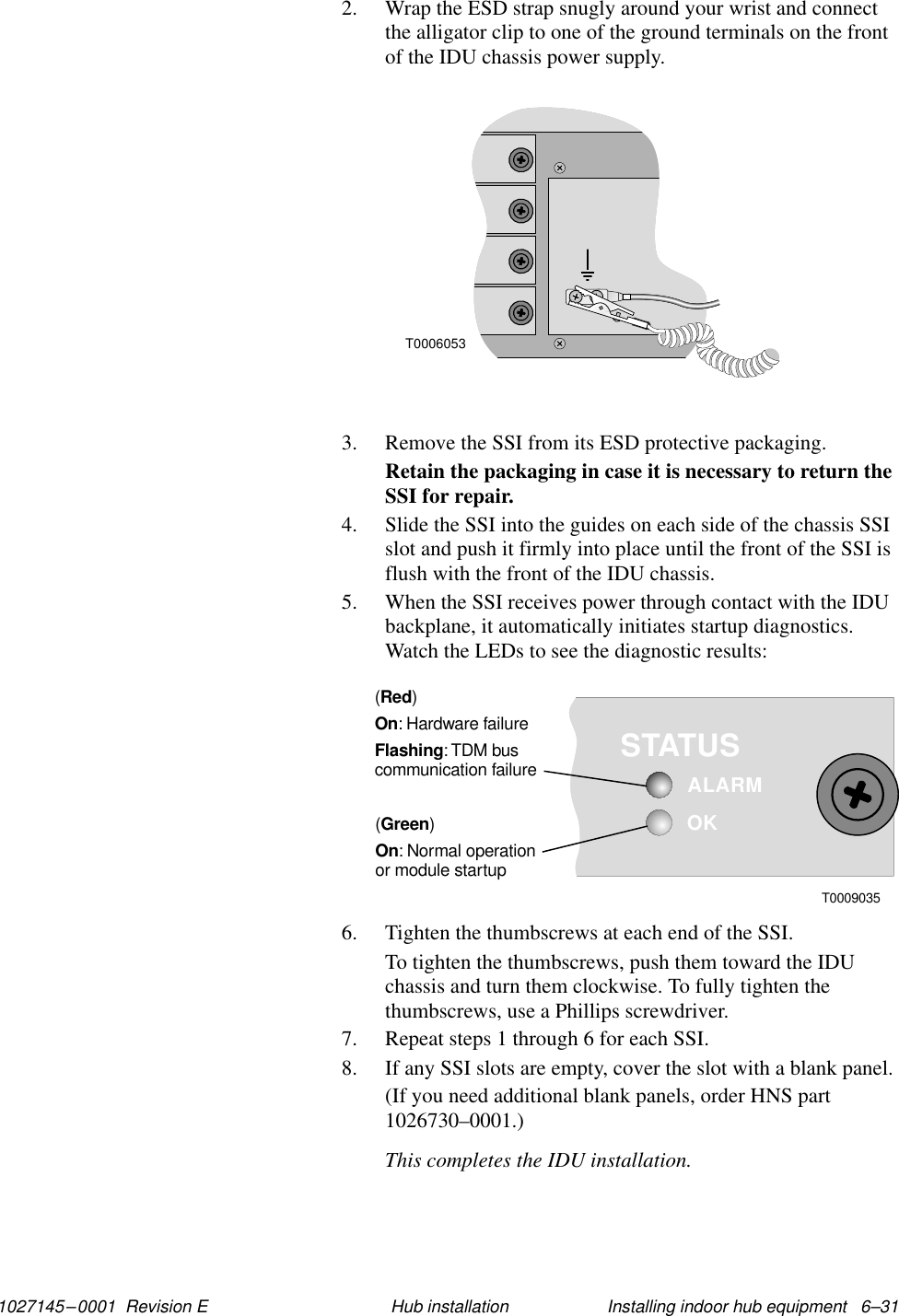 1027145–0001  Revision E Installing indoor hub equipment   6–31Hub installation2. Wrap the ESD strap snugly around your wrist and connectthe alligator clip to one of the ground terminals on the frontof the IDU chassis power supply.T00060533. Remove the SSI from its ESD protective packaging.Retain the packaging in case it is necessary to return theSSI for repair.4. Slide the SSI into the guides on each side of the chassis SSIslot and push it firmly into place until the front of the SSI isflush with the front of the IDU chassis.5. When the SSI receives power through contact with the IDUbackplane, it automatically initiates startup diagnostics.Watch the LEDs to see the diagnostic results:OKSTATUSALARM()RedOnFlashing: Hardware failure:TDM buscommunication failure()GreenOn: Normal operationor module startupT00090356. Tighten the thumbscrews at each end of the SSI.To tighten the thumbscrews, push them toward the IDUchassis and turn them clockwise. To fully tighten thethumbscrews, use a Phillips screwdriver.7. Repeat steps 1 through 6 for each SSI.8. If any SSI slots are empty, cover the slot with a blank panel.(If you need additional blank panels, order HNS part1026730–0001.)This completes the IDU installation.