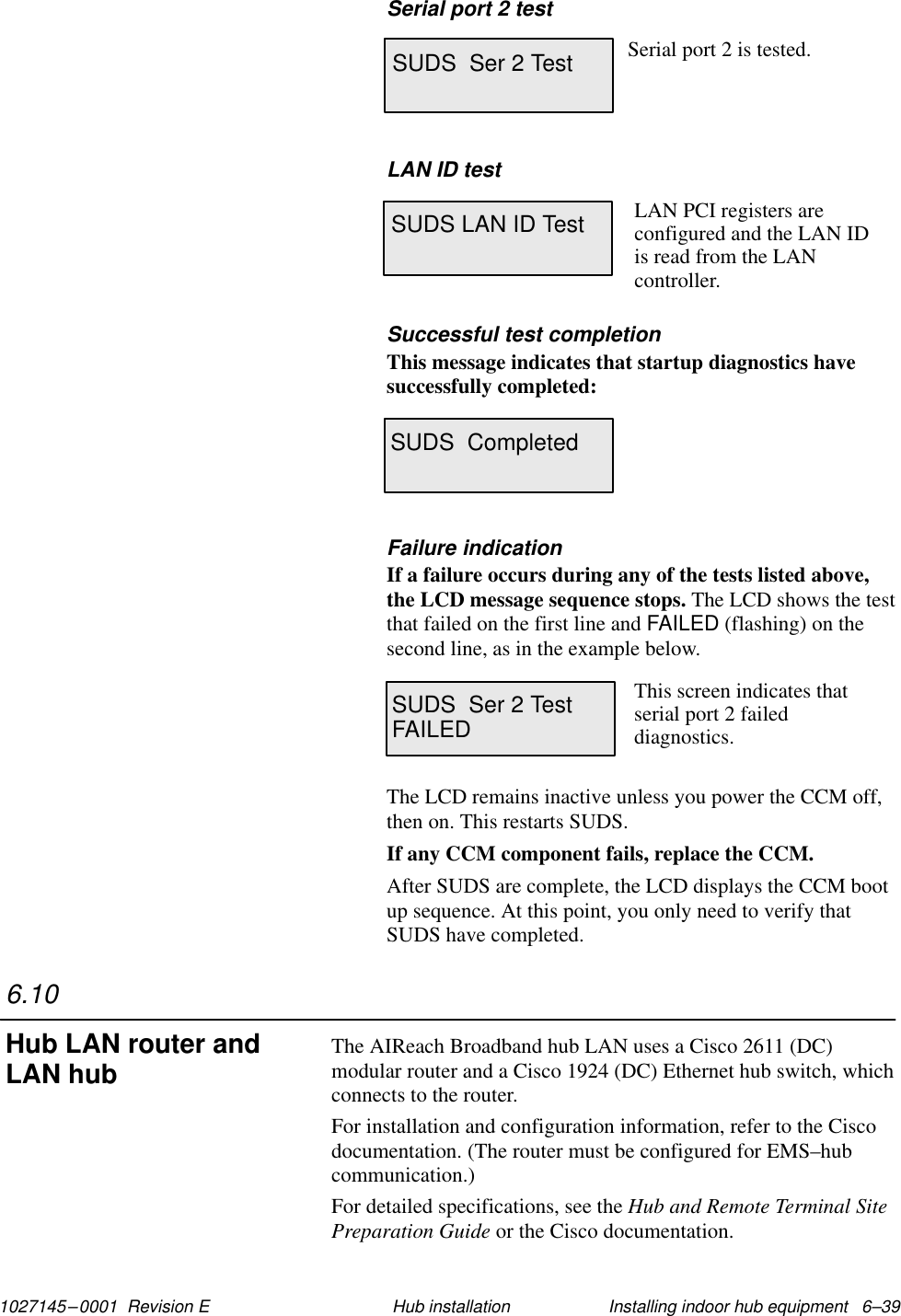 1027145–0001  Revision E Installing indoor hub equipment   6–39Hub installationSerial port 2 testSUDS  Ser 2 Test Serial port 2 is tested.LAN ID testSUDS LAN ID Test LAN PCI registers areconfigured and the LAN IDis read from the LANcontroller.Successful test completionThis message indicates that startup diagnostics havesuccessfully completed:SUDS  CompletedFailure indicationIf a failure occurs during any of the tests listed above,the LCD message sequence stops. The LCD shows the testthat failed on the first line and FAILED (flashing) on thesecond line, as in the example below.SUDS  Ser 2 TestFAILEDThis screen indicates thatserial port 2 faileddiagnostics. The LCD remains inactive unless you power the CCM off,then on. This restarts SUDS.If any CCM component fails, replace the CCM.After SUDS are complete, the LCD displays the CCM bootup sequence. At this point, you only need to verify thatSUDS have completed.The AIReach Broadband hub LAN uses a Cisco 2611 (DC)modular router and a Cisco 1924 (DC) Ethernet hub switch, whichconnects to the router.For installation and configuration information, refer to the Ciscodocumentation. (The router must be configured for EMS–hubcommunication.)For detailed specifications, see the Hub and Remote Terminal SitePreparation Guide or the Cisco documentation.6.10Hub LAN router andLAN hub