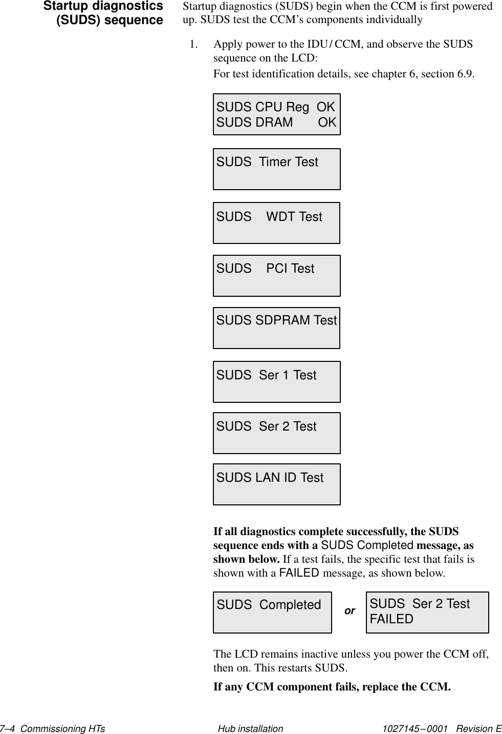 1027145–0001   Revision E 7–4  Commissioning HTs Hub installationStartup diagnostics (SUDS) begin when the CCM is first poweredup. SUDS test the CCM’s components individually1. Apply power to the IDU/ CCM, and observe the SUDSsequence on the LCD:For test identification details, see chapter 6, section 6.9.SUDS  Timer TestSUDS    WDT TestSUDS    PCI TestSUDS SDPRAM TestSUDS  Ser 1 TestSUDS  Ser 2 TestSUDS LAN ID TestSUDS CPU Reg  OKSUDS DRAM       OKIf all diagnostics complete successfully, the SUDSsequence ends with a SUDS Completed message, asshown below. If a test fails, the specific test that fails isshown with a FAILED message, as shown below.SUDS  Completed SUDS  Ser 2 TestFAILEDorThe LCD remains inactive unless you power the CCM off,then on. This restarts SUDS.If any CCM component fails, replace the CCM.Startup diagnostics(SUDS) sequence