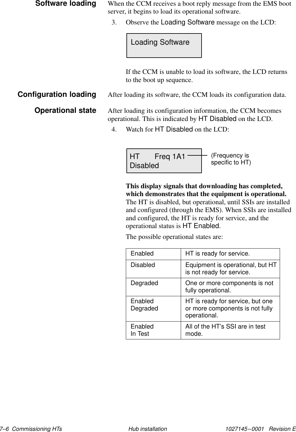 1027145–0001   Revision E 7–6  Commissioning HTs Hub installationWhen the CCM receives a boot reply message from the EMS bootserver, it begins to load its operational software.3. Observe the Loading Software message on the LCD:Loading SoftwareIf the CCM is unable to load its software, the LCD returnsto the boot up sequence.After loading its software, the CCM loads its configuration data.After loading its configuration information, the CCM becomesoperational. This is indicated by HT Disabled on the LCD.4. Watch for HT Disabled on the LCD: HT       Freq 1A1Disabled(Frequency is specific to HT)This display signals that downloading has completed,which demonstrates that the equipment is operational.The HT is disabled, but operational, until SSIs are installedand configured (through the EMS). When SSIs are installedand configured, the HT is ready for service, and theoperational status is HT Enabled.The possible operational states are:Enabled HT is ready for service.Disabled Equipment is operational, but HTis not ready for service.Degraded One or more components is notfully operational.EnabledDegraded HT is ready for service, but oneor more components is not fullyoperational.Enabled In Test All of the HT’s SSI are in testmode.Software loadingConfiguration loadingOperational state