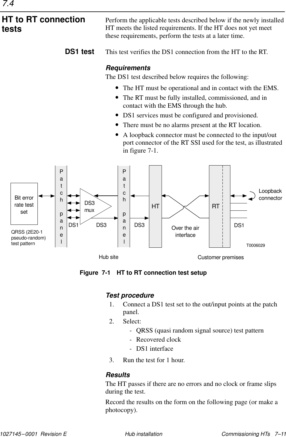 1027145–0001  Revision E Commissioning HTs   7–11Hub installationPerform the applicable tests described below if the newly installedHT meets the listed requirements. If the HT does not yet meetthese requirements, perform the tests at a later time.This test verifies the DS1 connection from the HT to the RT.RequirementsThe DS1 test described below requires the following:•The HT must be operational and in contact with the EMS.•The RT must be fully installed, commissioned, and incontact with the EMS through the hub.•DS1 services must be configured and provisioned.•There must be no alarms present at the RT location.•A loopback connector must be connected to the input/outport connector of the RT SSI used for the test, as illustratedin figure 7-1.Figure  7-1 HT to RT connection test setupT0006029DS3muxBit errorrate testsetPatchpanelHT RTPatchpanelLoopbackconnectorQRSS (2E20-1pseudo-random)test patternDS1 DS3 DS3 Over the airinterfaceDS1Hub siteCustomer premisesTest procedure1. Connect a DS1 test set to the out/input points at the patchpanel.2. Select:- QRSS (quasi random signal source) test pattern- Recovered clock- DS1 interface3. Run the test for 1 hour.ResultsThe HT passes if there are no errors and no clock or frame slipsduring the test.Record the results on the form on the following page (or make aphotocopy).7.4HT to RT connectiontestsDS1 test